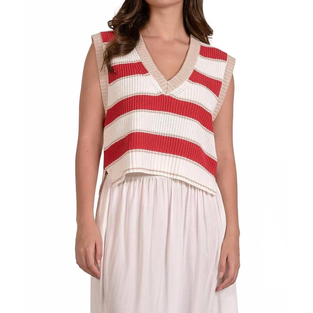 NEW ELAN v neck sleeveless sweater in red/wht